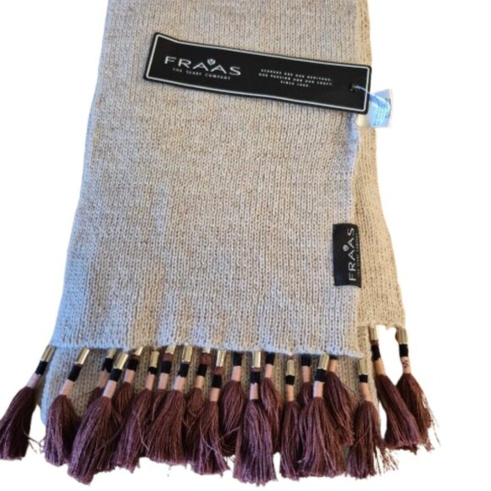 NWT Fraas Skinny Knit Taupe Scarf with Tassels
